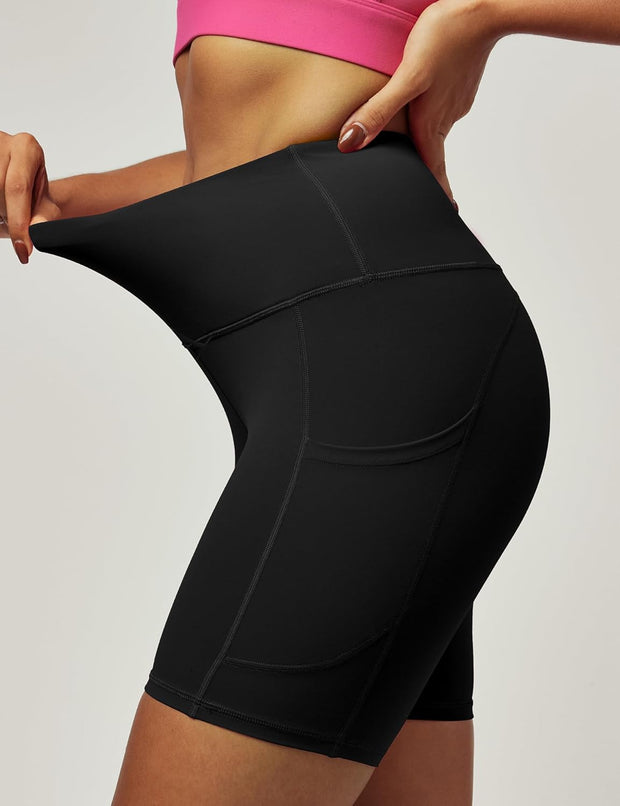 Biker Shorts Women 6" Tummy Control Workout Shorts Women with Pockets High Waisted Yoga Running Gym Spandex Compression