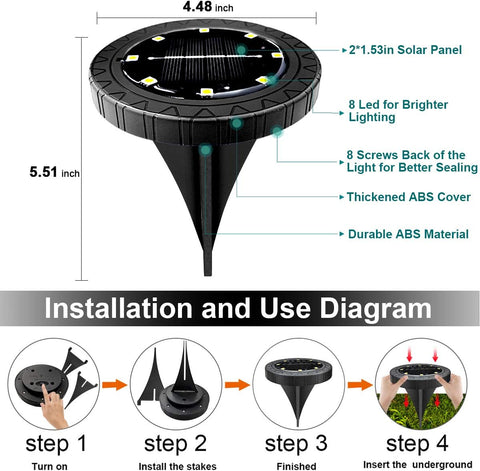 Solar Powered 8 Pack Outdoor LED Disk Lights - IP68 Waterproof, Non-Slip, Wear-Resistant Pathway Lights (Warm White)