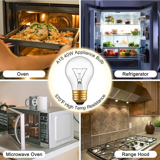 Appliance Oven Light Bulb, High Temp 300 °C Resistant,（2 Pack） A15/E26/120V/40 Watt Appliance Replacement Bulb for Refrigerator over Stove Microwave Range Hood,Warm White