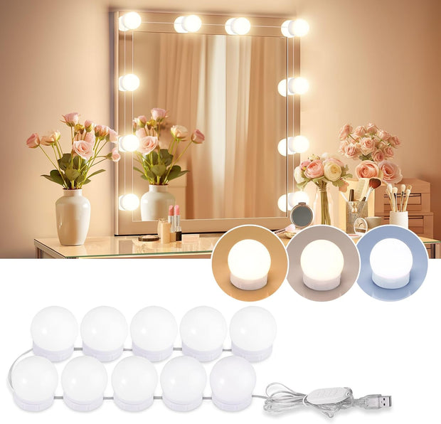 LED Vanity Lights for Mirror,  Hollywood Style with 10 Dimmable Bulbs, Adjustable Color & Brightness, USB Cable, Stick on for Makeup Table Dressing Room Mirror