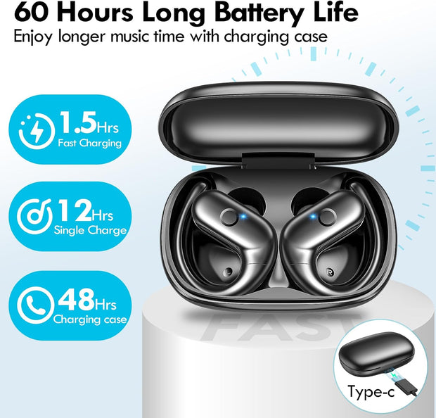 Wireless Earbuds Bluetooth Headphones Sport,Over Ear Buds with Deep Bass Sound,60Hrs Playtime Earphones Redesigned Comfort Fit with Earhooks for Running,Meeting,Workout-Black