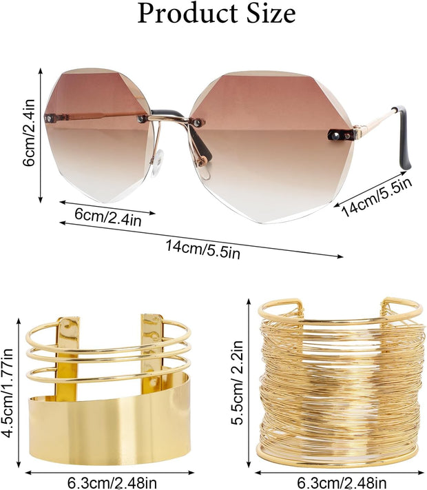 6 Pieces 70S Gold Disco Accessories Set for Women 1970S Disco Costume Accessory Dangle Earrings Layered Necklace Bangle Bracelets Diamond Glasses Sequin Headband for Party Halloween Cosplay