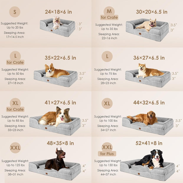 Orthopedic Dog Beds for Extra Large Dogs, Waterproof Memory Foam XL Pet Bed with Sides, Non-Slip and Egg-Crate Foam Big Dog Couch Bed with Washable Removable Cover, Grey