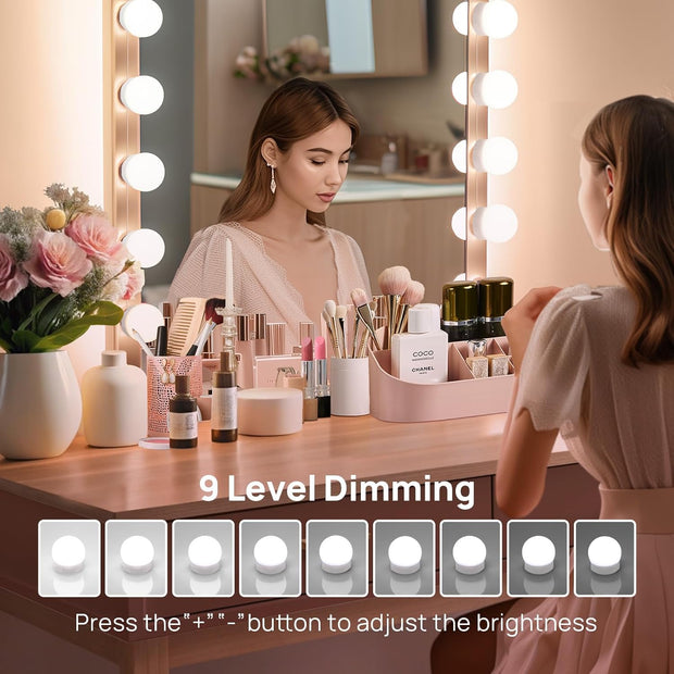 LED Vanity Lights for Mirror,  Hollywood Style with 10 Dimmable Bulbs, Adjustable Color & Brightness, USB Cable, Stick on for Makeup Table Dressing Room Mirror