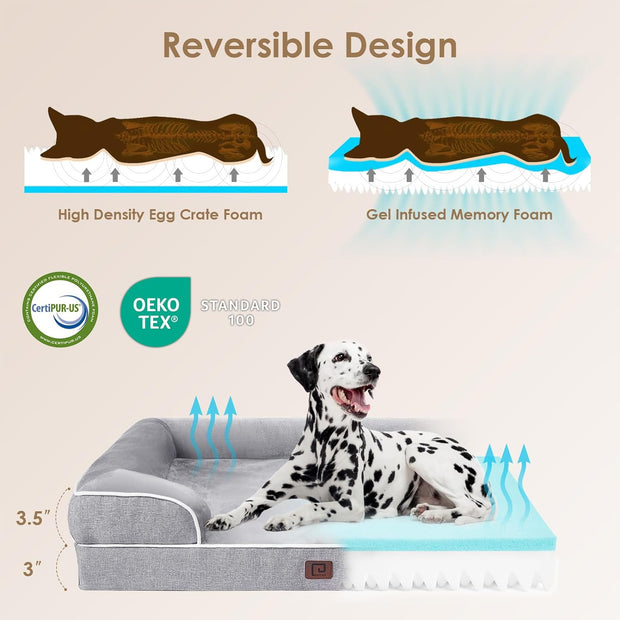Orthopedic Dog Beds for Extra Large Dogs, Waterproof Memory Foam XL Pet Bed with Sides, Non-Slip and Egg-Crate Foam Big Dog Couch Bed with Washable Removable Cover, Grey