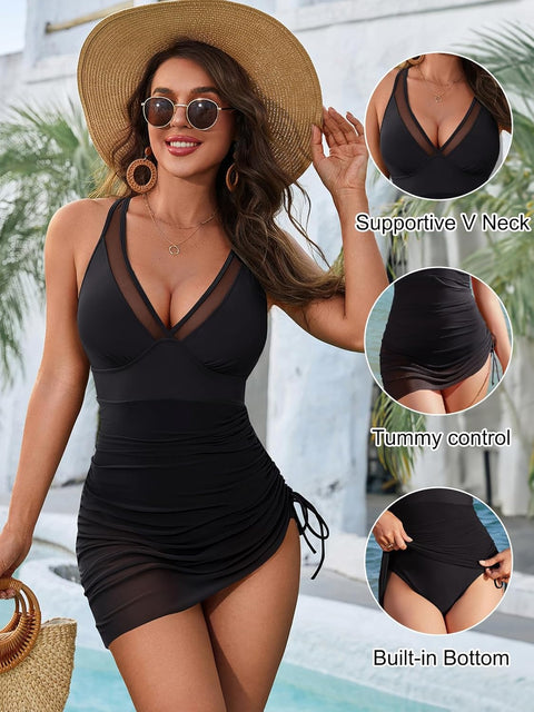 Women One Piece Swim Dress Tummy Control Swimsuits Slimming Mesh Sheer Sarong Wraps Bathing Suit