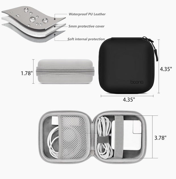 Portable Hard-Shelled Travel Case for Apple Macbook Charger, Small PU Leather Electronics Organizer Waterproof Storage Bag for Laptop Accessories, Magic Mouse, Power Bank, Charging Cords(Black)