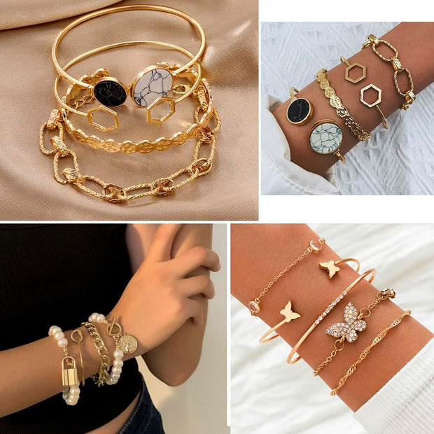 Gold Plated Jewelry Set for Women with Multi Layered Necklaces, Stackable Bracelets, Knuckle Rings, Hoop Earrings Sets, Fashion Outfit Accessories Jewelry Packs, Gifts for Women