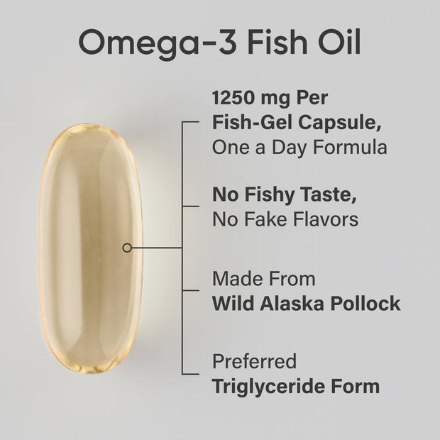 Triple Strength Omega 3 Fish Oil - Burpless Fish Oil Supplement W/Epa & DHA Fatty Acids from Single-Source Wild Alaskan Pollock - 1250 Mg, 180 Ct