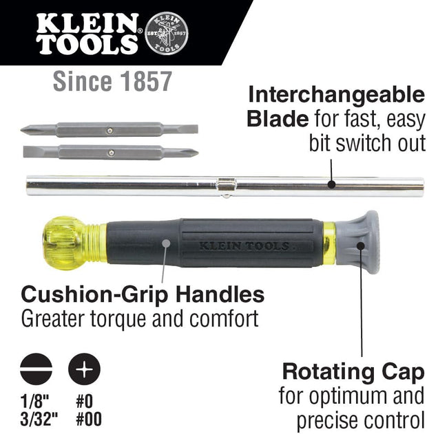 32581 4-In-1 Electronics Screwdriver Set with 2 Slotted, 2 Phillips Precision Machined Bits, Ideal for Terminal Blocks