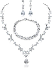 Jewelry Set for Women, Necklace Dangle Earrings Bracelet Set with White AAA Cubic Zirconia, Allergy Free Wedding Party Jewelry for Bridal Bridesmaid