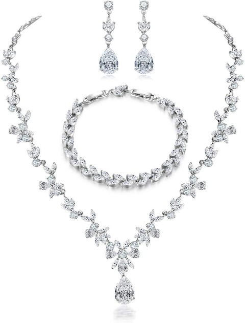 Jewelry Set for Women, Necklace Dangle Earrings Bracelet Set with White AAA Cubic Zirconia, Allergy Free Wedding Party Jewelry for Bridal Bridesmaid