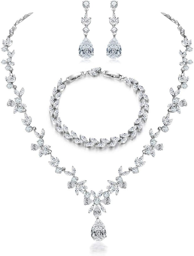 Jewelry Set for Women, Necklace Dangle Earrings Bracelet Set with White AAA Cubic Zirconia, Allergy Free Wedding Party Jewelry for Bridal Bridesmaid