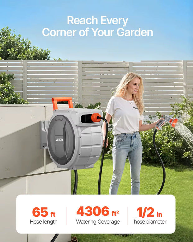 VEVOR Retractable Garden Hose Reel Wall Mounted Hose Reel Heavy Duty Garden Hose Reel with 9 Patterns Nozzle 180°Swivel Bracket