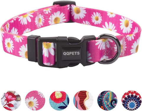 Adjustable Soft Dog Collar: Print Flower Pink Multicolor Cute Patterns for XS Small Medium Large Pet Girl Boy Puppy Walking Running Training (S, Small Daisies)