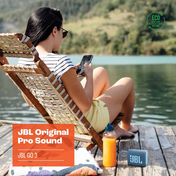 Go 3 Eco - Portable Mini Bluetooth Speaker, Big Audio and Punchy Bass, IP67 Waterproof and Dustproof, 5 Hours of Playtime, Made in Part with Recycled Materials (Eco Blue)