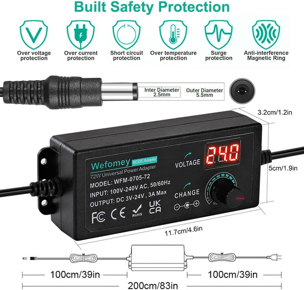 Universal Power Supply 3V~24V 3A 72W Adjustable Variable 3V 5V 9V 12V 18V 20V 24V AC/DC Adapter Charger, 100V-240V AC to DC Converter with 14 Tips, Polarity Converter and 4-Way Power Splitter Cable
