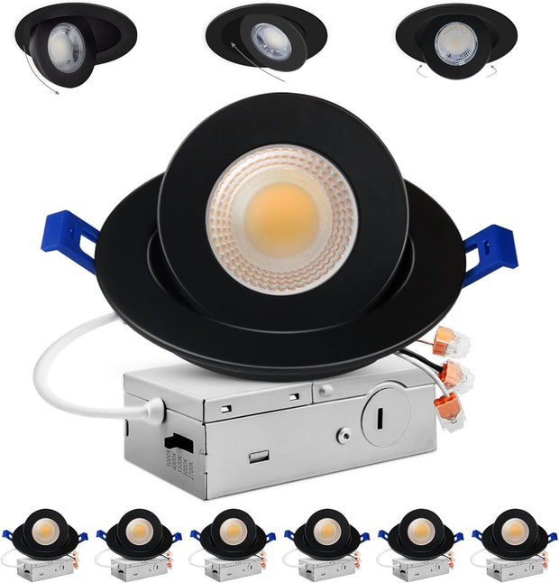 4 Inch 5CCT Gimbal Black Led Recessed Lights, 360°+90° Adjustable Directional Recessed Lighting, 2700K/3000K/3500K/4000K/5000K Dimmable Retrofit Eyeball Can Lights with Jbox, Etl（Black, 6 Pack）