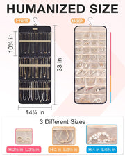 Hanging Jewelry Organizer Storage Roll with Hanger Metal Hooks Double-Sided Jewelry Holder for Earrings, Necklaces, Rings on Closet, Wall, Door, 1 Piece, Large, Black
