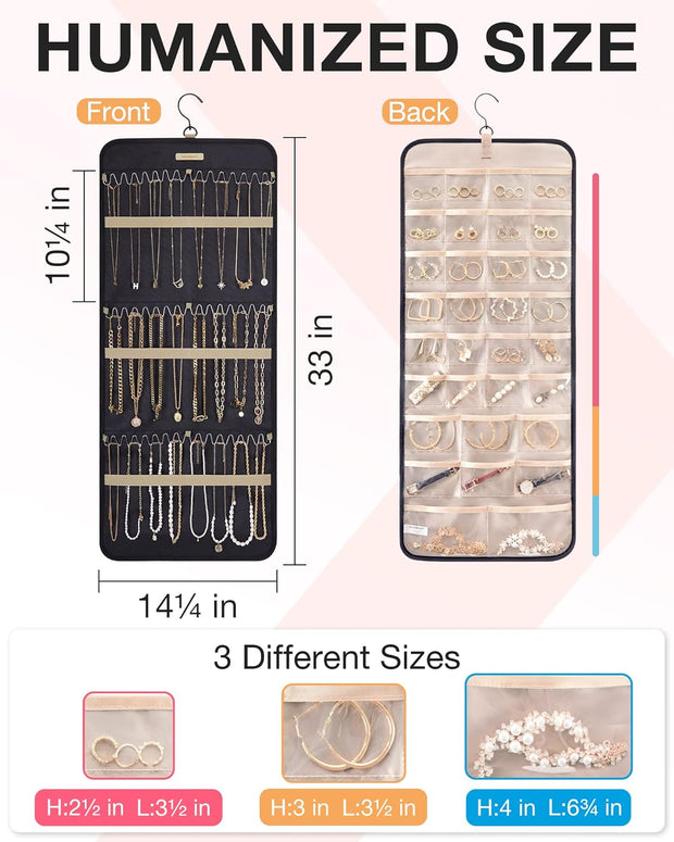 Hanging Jewelry Organizer Storage Roll with Hanger Metal Hooks Double-Sided Jewelry Holder for Earrings, Necklaces, Rings on Closet, Wall, Door, 1 Piece, Large, Black