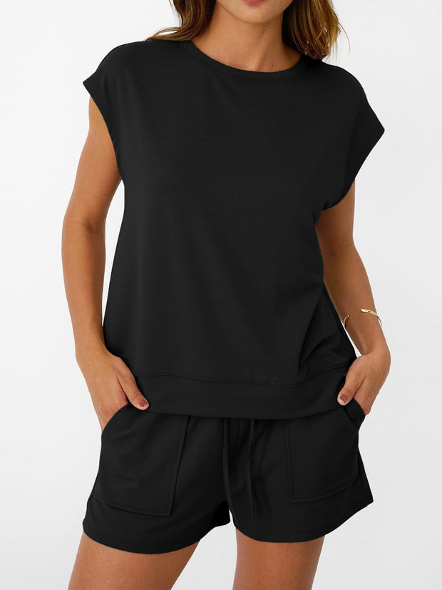 Womens Crew Neck Two Piece Short Sets Cap Sleeve Drawstring Summer Sweatsuit with Pocket