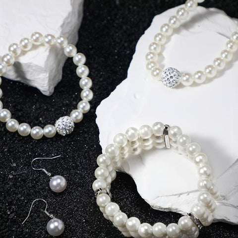 Pearl Rhinestone Jewelry Set for Women Pearl Necklace Bracelet Earrings for Wedding Birthday Bridal Shower Tea Party