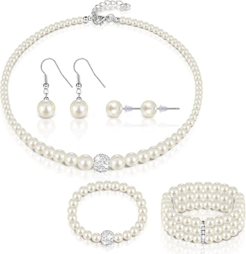 Pearl Rhinestone Jewelry Set for Women Pearl Necklace Bracelet Earrings for Wedding Birthday Bridal Shower Tea Party