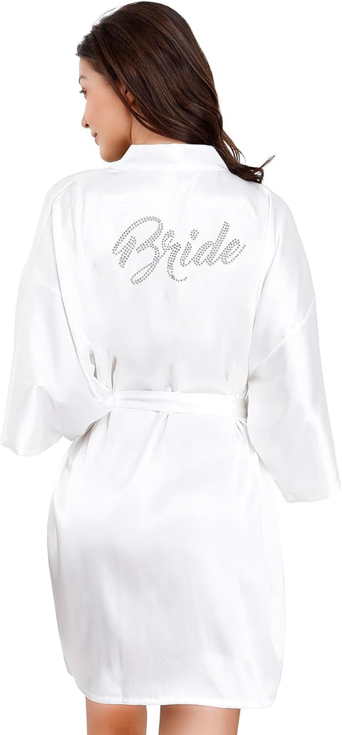 Women'S One Size Silver Rhinestones Bride Bridesmaid Short Satin Robes for Wedding Party Getting Ready