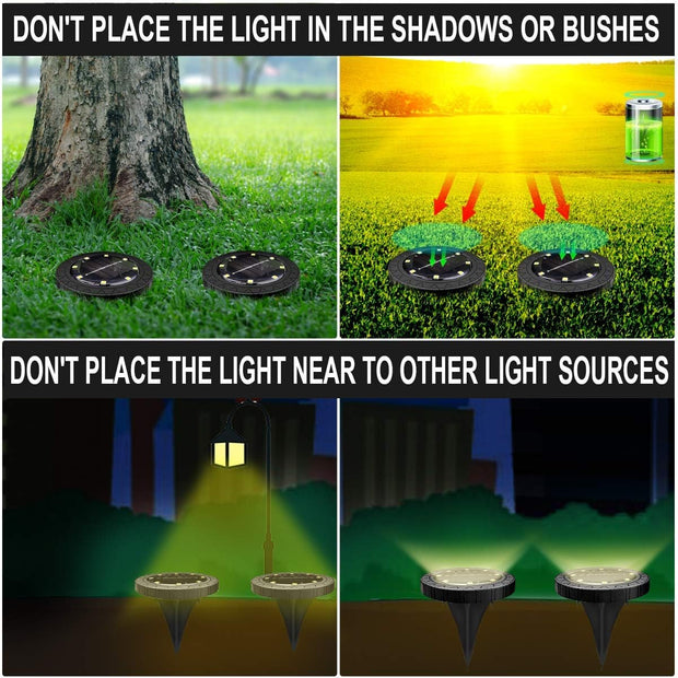 Solar Powered 8 Pack Outdoor LED Disk Lights - IP68 Waterproof, Non-Slip, Wear-Resistant Pathway Lights (Warm White)