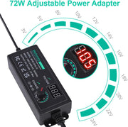 Universal Power Supply 3V~24V 3A 72W Adjustable Variable 3V 5V 9V 12V 18V 20V 24V AC/DC Adapter Charger, 100V-240V AC to DC Converter with 14 Tips, Polarity Converter and 4-Way Power Splitter Cable