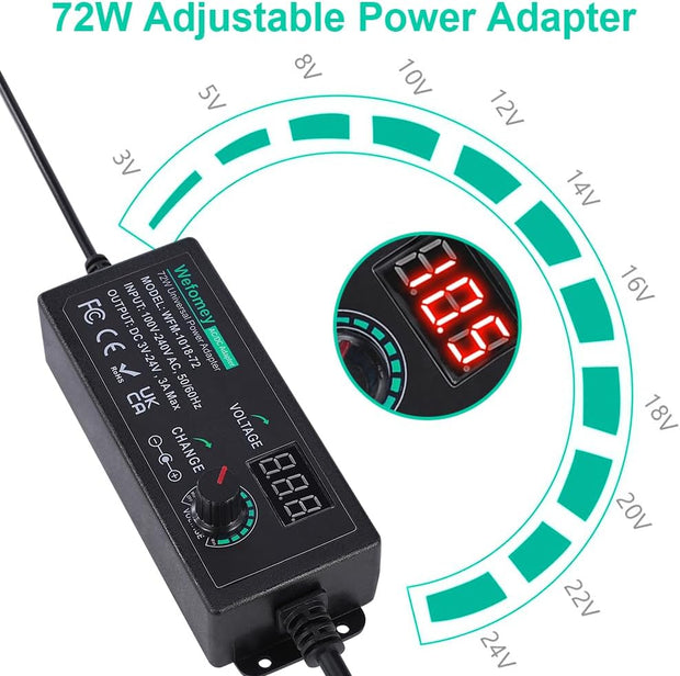 Universal Power Supply 3V~24V 3A 72W Adjustable Variable 3V 5V 9V 12V 18V 20V 24V AC/DC Adapter Charger, 100V-240V AC to DC Converter with 14 Tips, Polarity Converter and 4-Way Power Splitter Cable