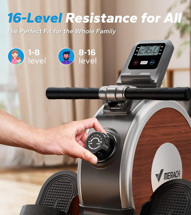 Rowing Machine Magnetic Rower Machine for Home 16 Levels of Quiet Resistance Dual Slide Rail Max 350Lb Weight Capacity