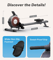Rowing Machine Magnetic Rower Machine for Home 16 Levels of Quiet Resistance Dual Slide Rail Max 350Lb Weight Capacity