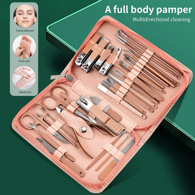 Pink 30 Pcs Manicure Set Professional Nail Clipper Set Stainless Steel Solid Manicure Kit Nail Care Kit with Pink Case Valentine