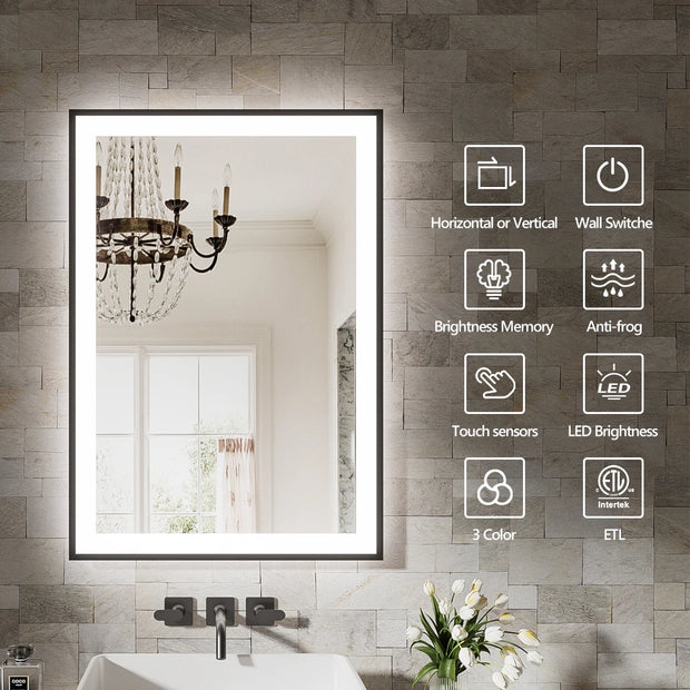 Smart Anti-Fog LED Bath Mirror with Backlight + Front Light, 3-Color and Brightness Adjustable, Memory, Wall Switche