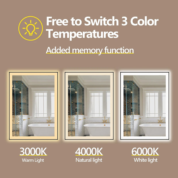 Smart Anti-Fog LED Bath Mirror with Backlight + Front Light, 3-Color and Brightness Adjustable, Memory, Wall Switche
