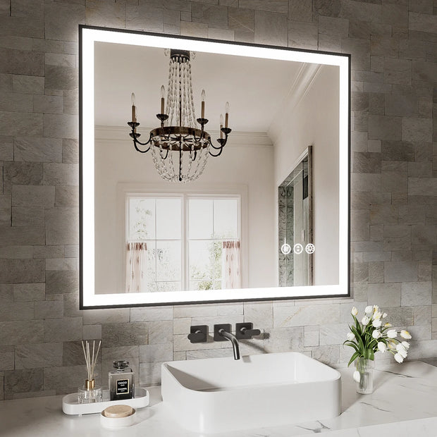Smart Anti-Fog LED Bath Mirror with Backlight + Front Light, 3-Color and Brightness Adjustable, Memory, Wall Switche