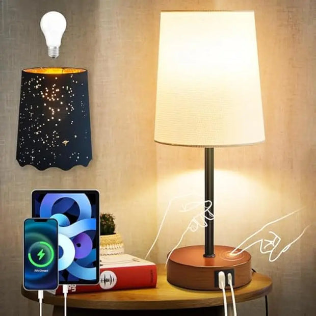 Dual Shade Table Lamp with USB-C and USB-A Charging Ports, 3 Way Dimmable Touch Bedside Lamp, Black Atmosphere Shade & White S