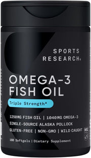 Triple Strength Omega 3 Fish Oil - Burpless Fish Oil Supplement W/Epa & DHA Fatty Acids from Single-Source Wild Alaskan Pollock - 1250 Mg, 180 Ct