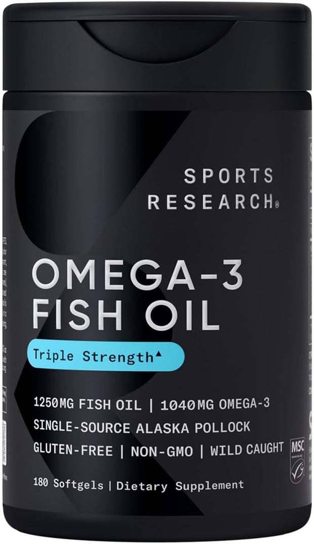 Triple Strength Omega 3 Fish Oil - Burpless Fish Oil Supplement W/Epa & DHA Fatty Acids from Single-Source Wild Alaskan Pollock - 1250 Mg, 180 Ct
