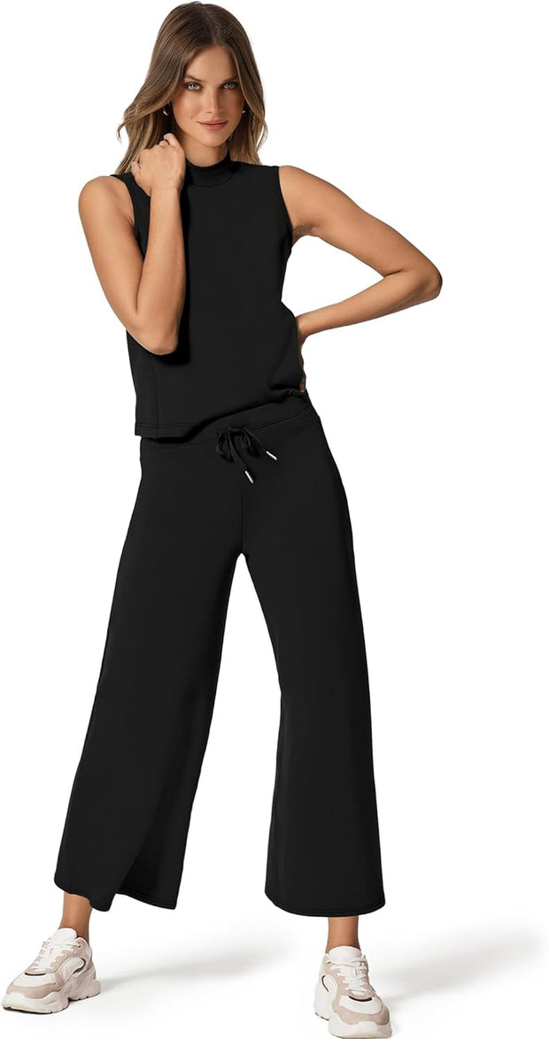 Two Piece Sets for Women Summer Outfits Lounge Sets Mock Neck Tops Wide Leg Crop Pants Vacation Travel Outfits
