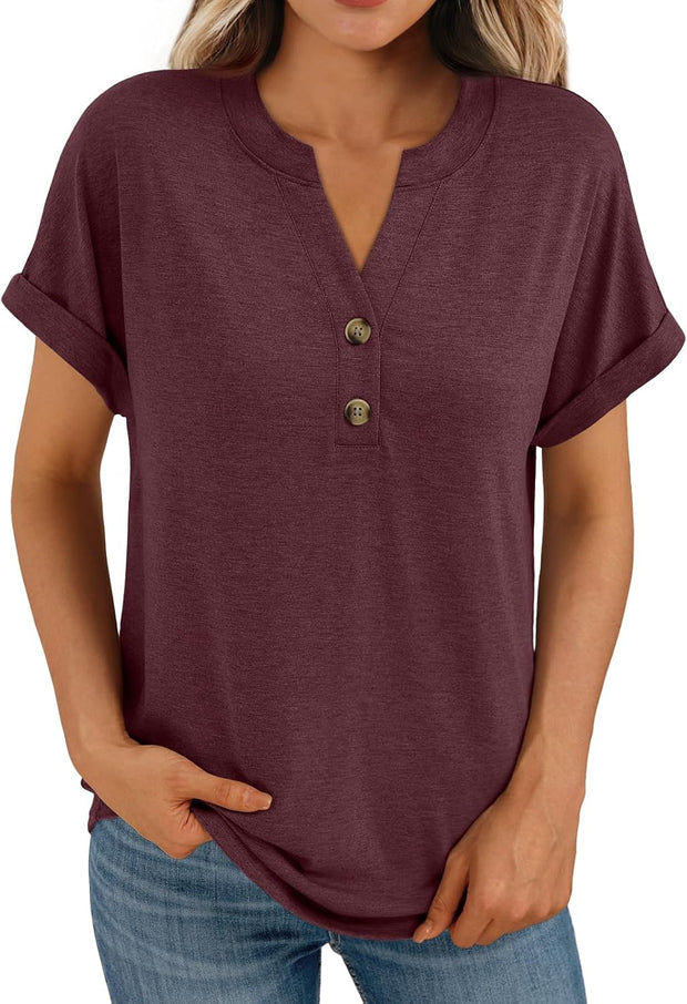 Women'S Short Sleeve Shirts Henley Dressy Casual Summer Tops 2025 Trendy Blouses Cute T-Shirts Outfits Clothes