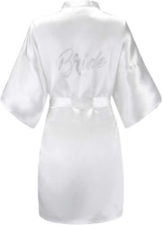 Women'S One Size Silver Rhinestones Bride Bridesmaid Short Satin Robes for Wedding Party Getting Ready
