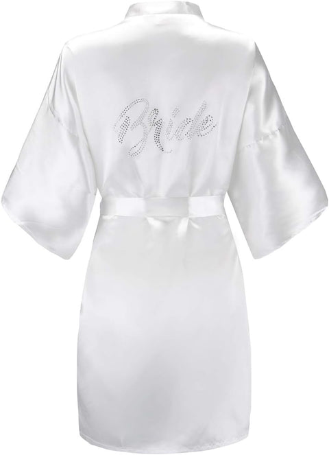 Women'S One Size Silver Rhinestones Bride Bridesmaid Short Satin Robes for Wedding Party Getting Ready