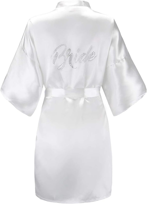 Women'S One Size Silver Rhinestones Bride Bridesmaid Short Satin Robes for Wedding Party Getting Ready