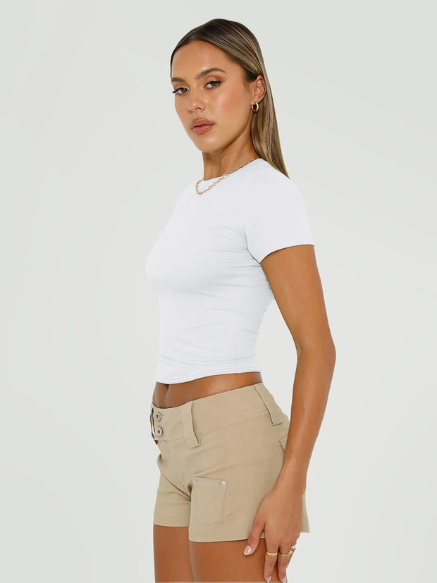 Womens Basic T Shirts Summer Tops 2025 Short Sleeve Crop Tops Slim Fit Gym Workout Y2K Clothes