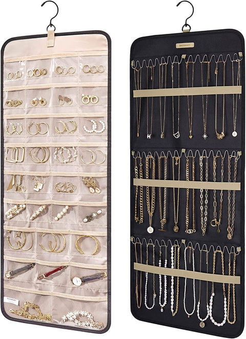 Hanging Jewelry Organizer Storage Roll with Hanger Metal Hooks Double-Sided Jewelry Holder for Earrings, Necklaces, Rings on Closet, Wall, Door, 1 Piece, Large, Black
