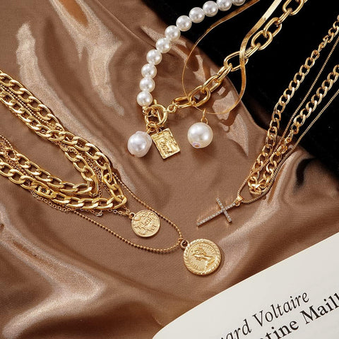 Gold Plated Jewelry Set for Women with Multi Layered Necklaces, Stackable Bracelets, Knuckle Rings, Hoop Earrings Sets, Fashion Outfit Accessories Jewelry Packs, Gifts for Women