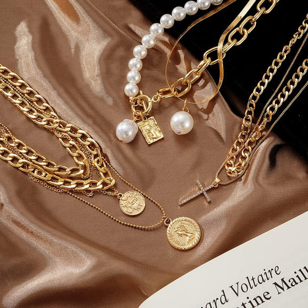 Gold Plated Jewelry Set for Women with Multi Layered Necklaces, Stackable Bracelets, Knuckle Rings, Hoop Earrings Sets, Fashion Outfit Accessories Jewelry Packs, Gifts for Women