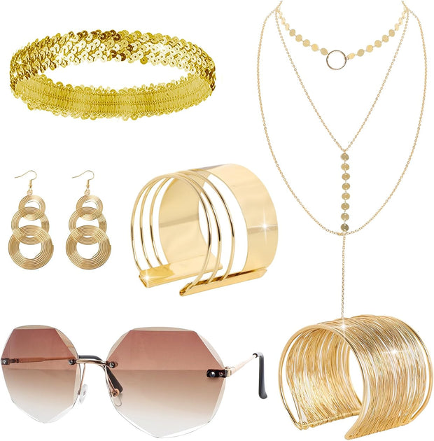 6 Pieces 70S Gold Disco Accessories Set for Women 1970S Disco Costume Accessory Dangle Earrings Layered Necklace Bangle Bracelets Diamond Glasses Sequin Headband for Party Halloween Cosplay